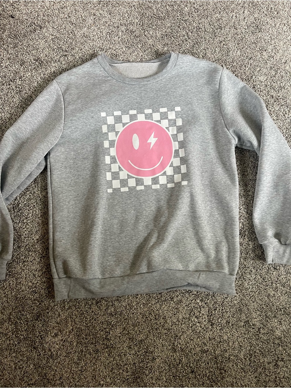 Gray Crewneck Sweatshirt with Pink Smiley Graphic